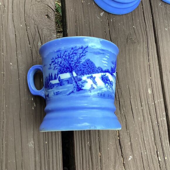 Vintage Winter Homestead Scene Blue Porcelain Coffee Mugs Set of 4 - Picture 5 of 5